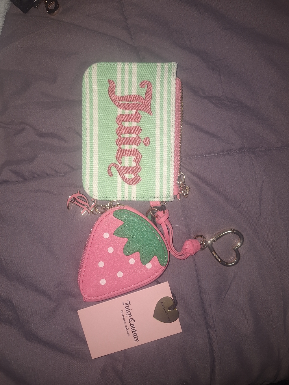 Juicy Couture Mint & Pink Stripe Card Holder with Strawberry Coin Pouch